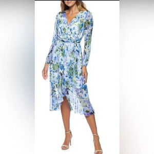 NWT Marina FLORAL LONG SLEEVE FAUX WRAP DRESS IN GREEN MULTI Size 14 women’s